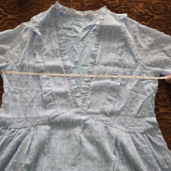New Sky Blue Swiss Dot Chiffon V Neck Ruffle Blouse - Picture 8 of 10